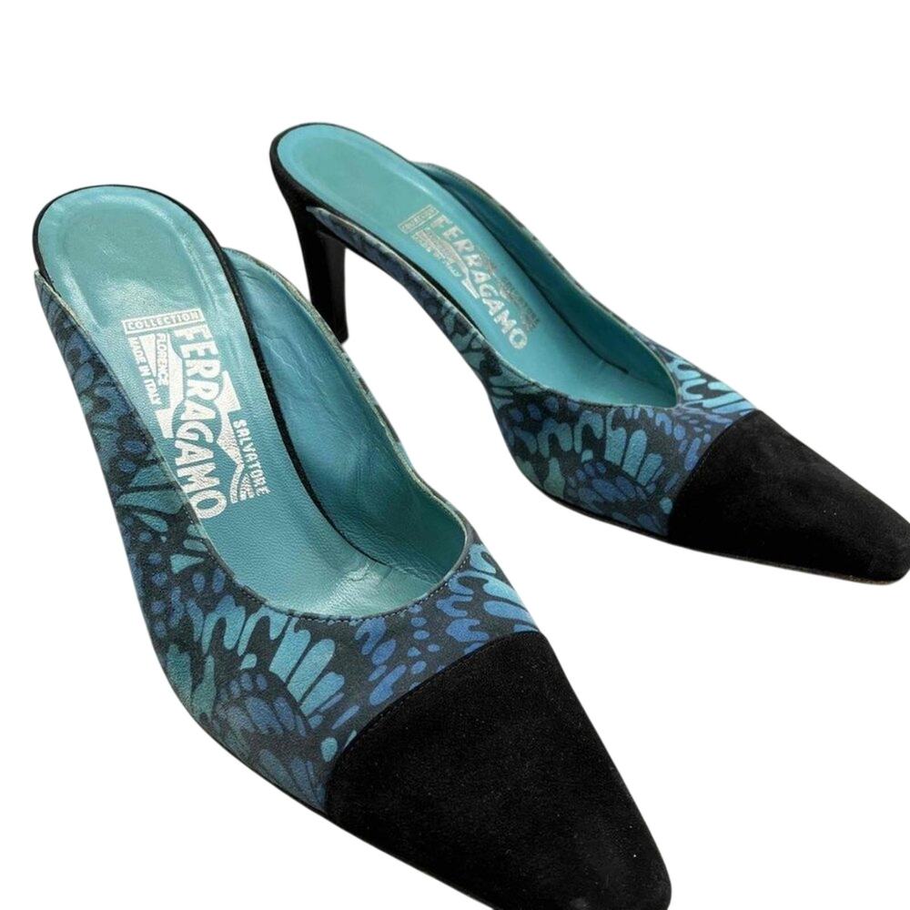 Salvatore Ferragamo Satin Mule Heel | Peacock Print | Cap Toe | Size 9B